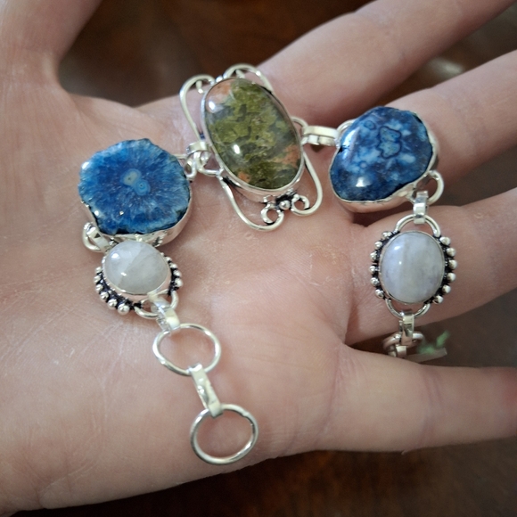 New Unakite, Rainbow Moonstone, Agate Geode Slice 925 Silver Bracelet. - Picture 8 of 10